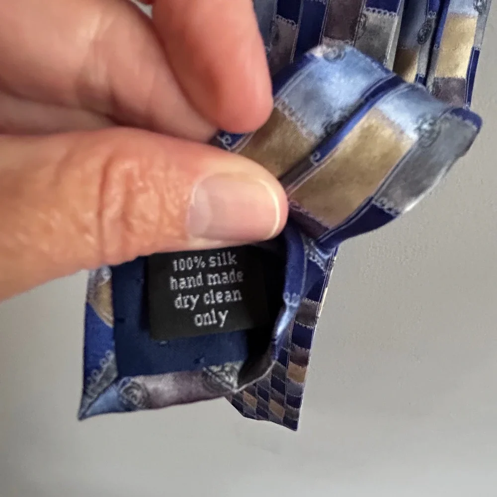 Cocktail Colors Mens Silk Tie Blue Gold Grey Geometric Patchwork Hand Made 61.5
